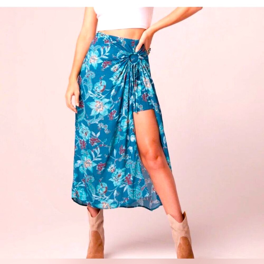 Band of the Free Faux Wrap Deep Teal/ Cranberry Elastic Waist Skirt NWT